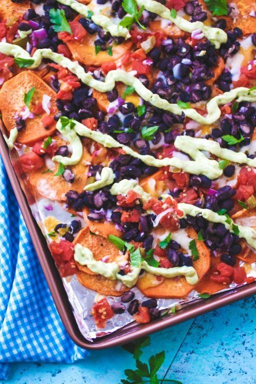 Loaded Sweet Potato Nachos with Avocado Cream