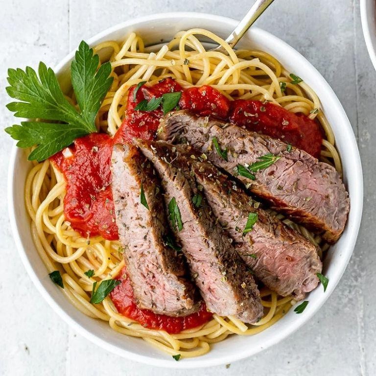 London Broil Pasta with Tomato Basil Sauce