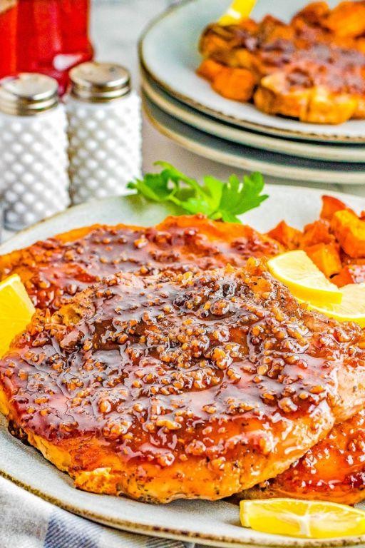 Maple Bourbon Pork Loin Chops with Sweet Potatoes