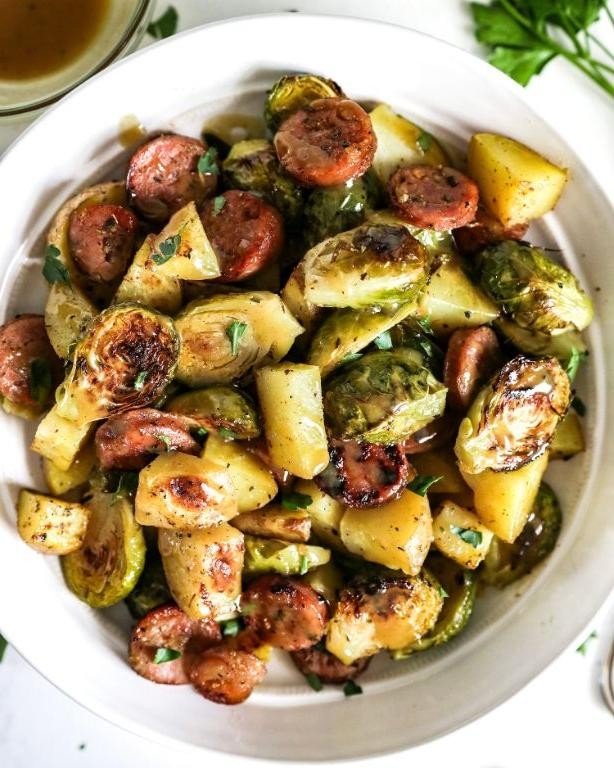 Maple-Glazed Smoked Sausage with Brussels Sprouts