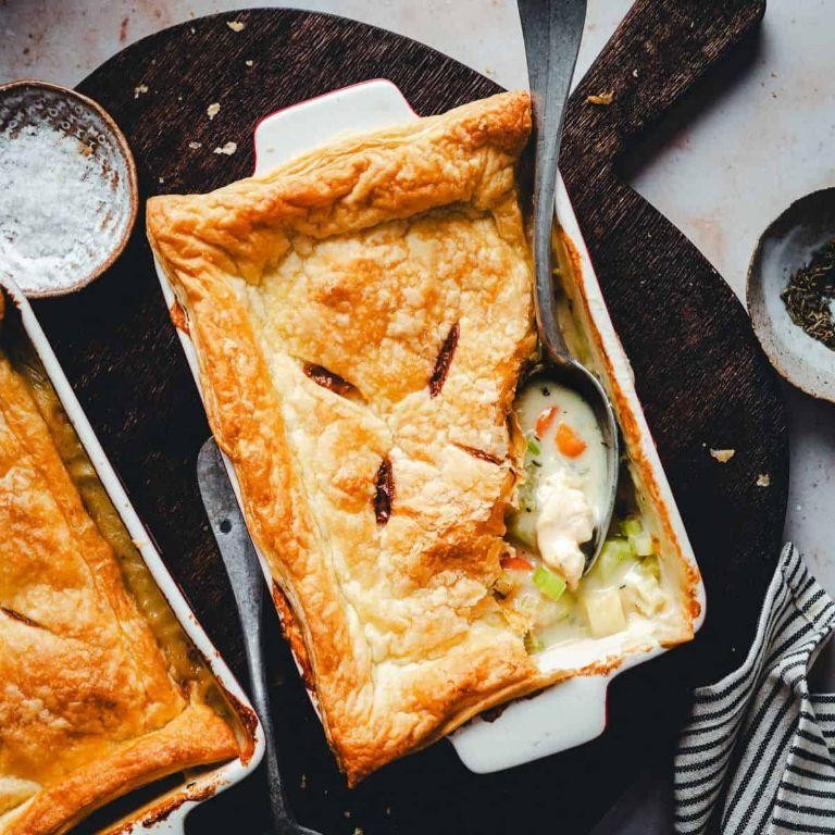 Mediterranean Chicken Pot Pie with Olive Puff Pastry