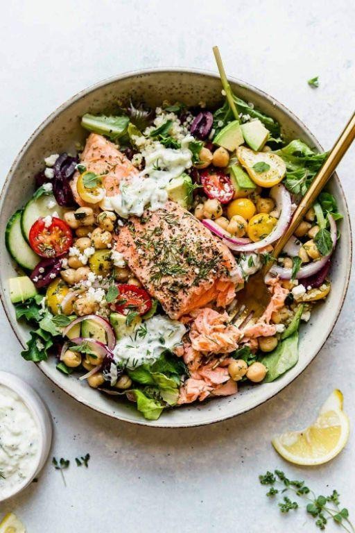 Mediterranean Salmon Bowl with Lemon Dill Dressing