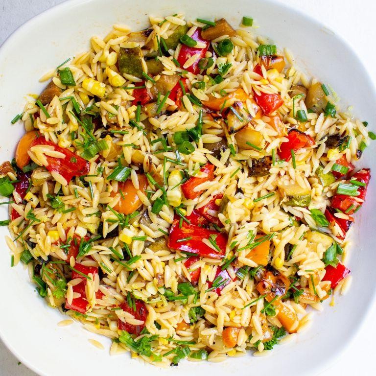 Mediterranean Vegan Orzo with Grilled Vegetables