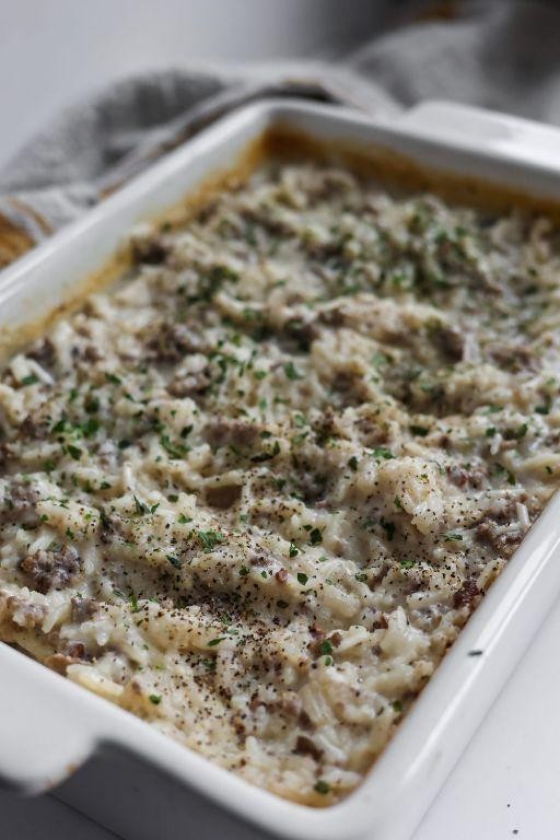 Mushroom and Swiss Hamburger Rice Bake