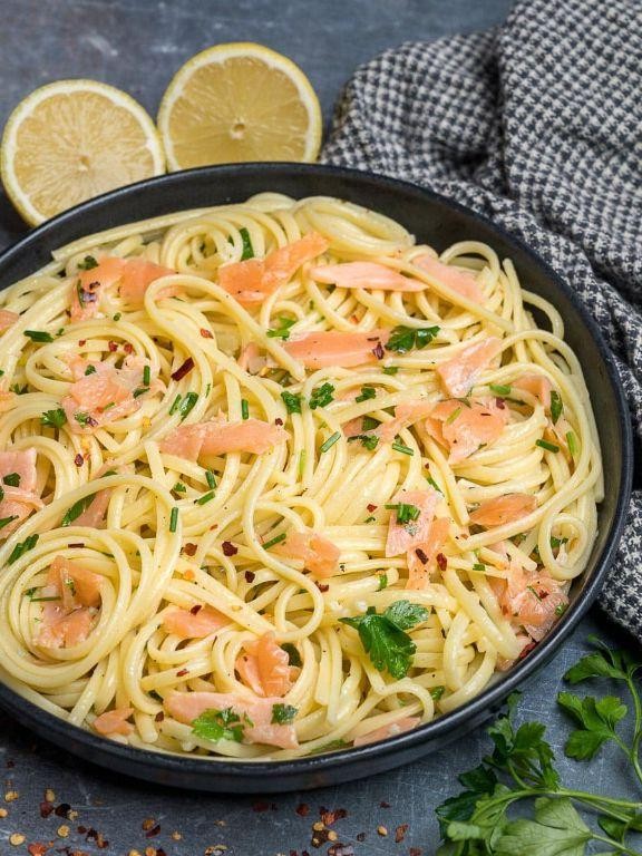Olive Oil and Herb Salmon Spaghetti