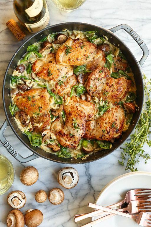 One Pot Chicken Thighs with Mushrooms and Orzo
