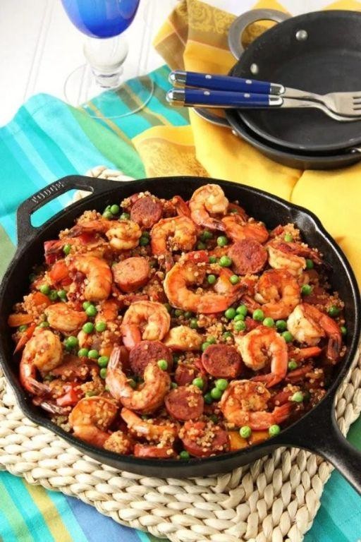 One Pot Quinoa Paella with Shrimp and Chorizo
