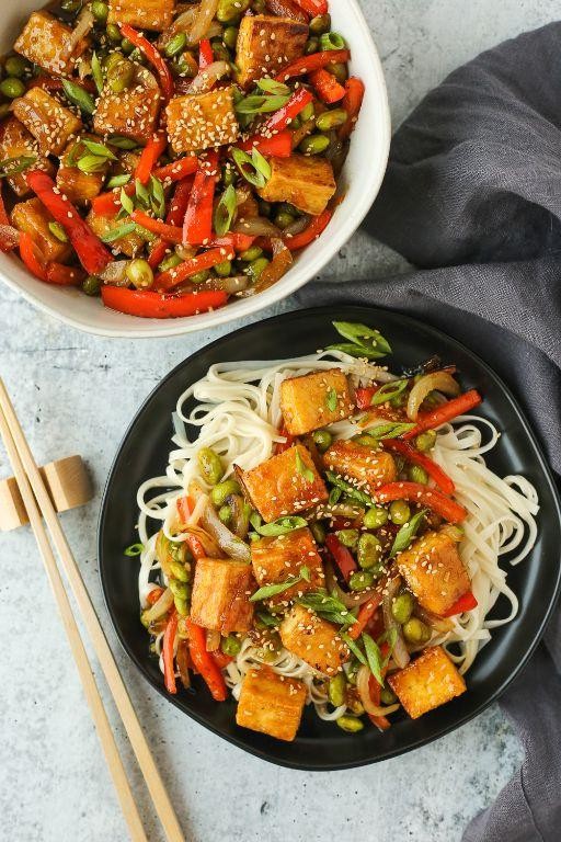 Orange Zest Rice Noodle Stir Fry with Veggies and Tofu
