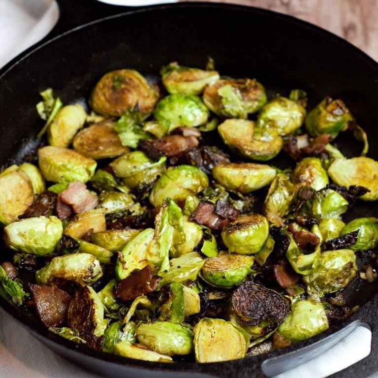 Pan-Fried Brussel Sprouts with Balsamic and Bacon Drizzle
