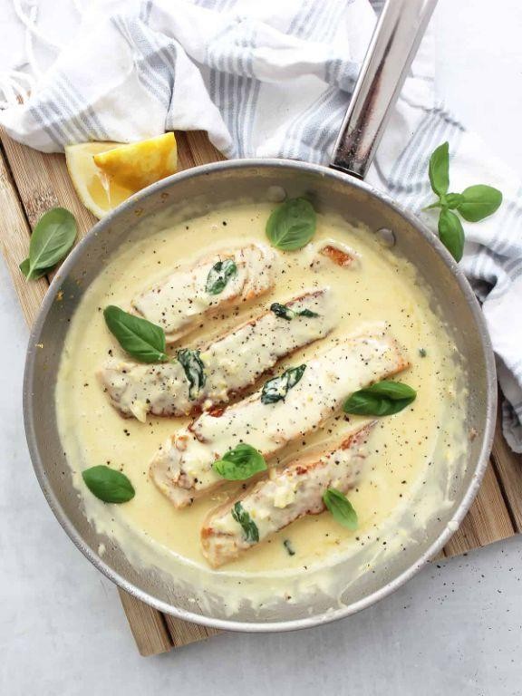 Pan-Seared Salmon with Basil Cream Sauce