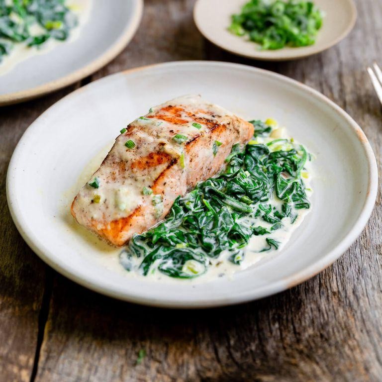 Pan-Seared Salmon with Creamy Garlic Spinach
