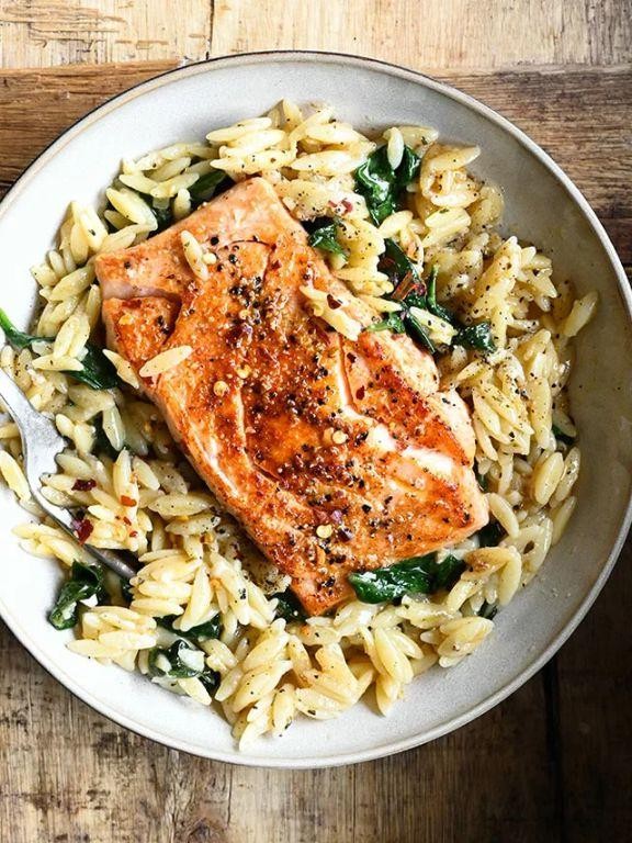 Pan-Seared Salmon with Lemon-Spinach Orzo