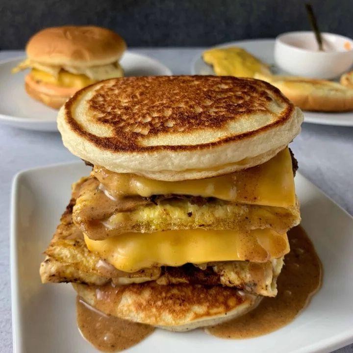 Pancake Breakfast Burger with Syrup Drizzle