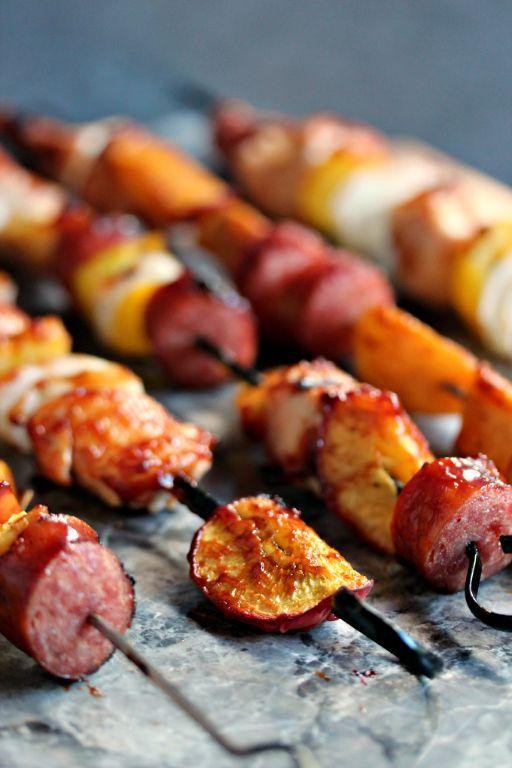 Peach and Bratwurst Kebabs