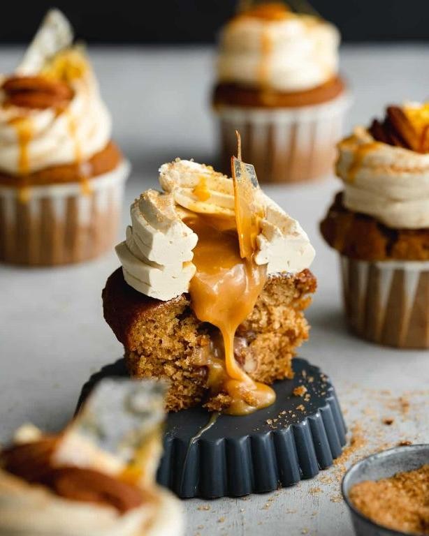 Pecan Pie Cupcakes with Caramel Drizzle