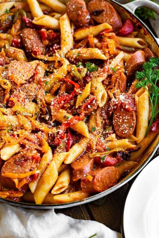 Penne with Sausage, Peppers, and Onions