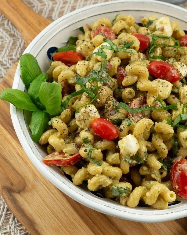 Pesto Caprese Pasta Salad with Fresh Basil