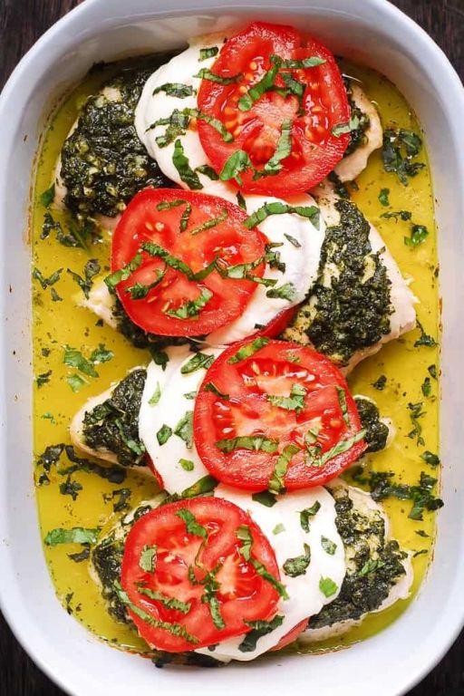 Pesto Chicken Breast with Tomato Mozzarella Salad