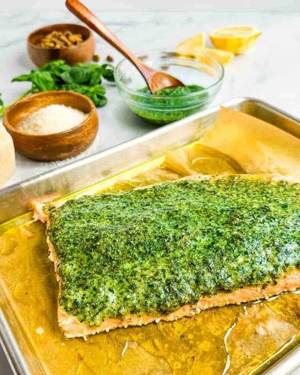 Pesto Crusted Cast Iron Cooked Salmon
