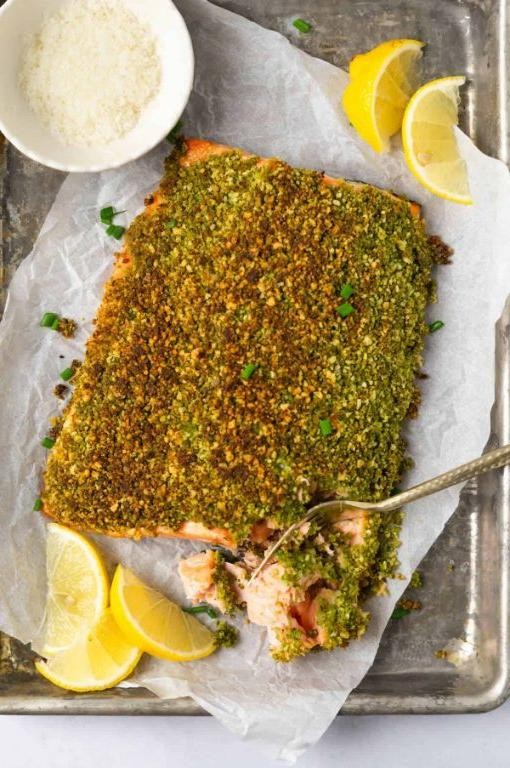 Pesto Crusted Oven Roasted Salmon