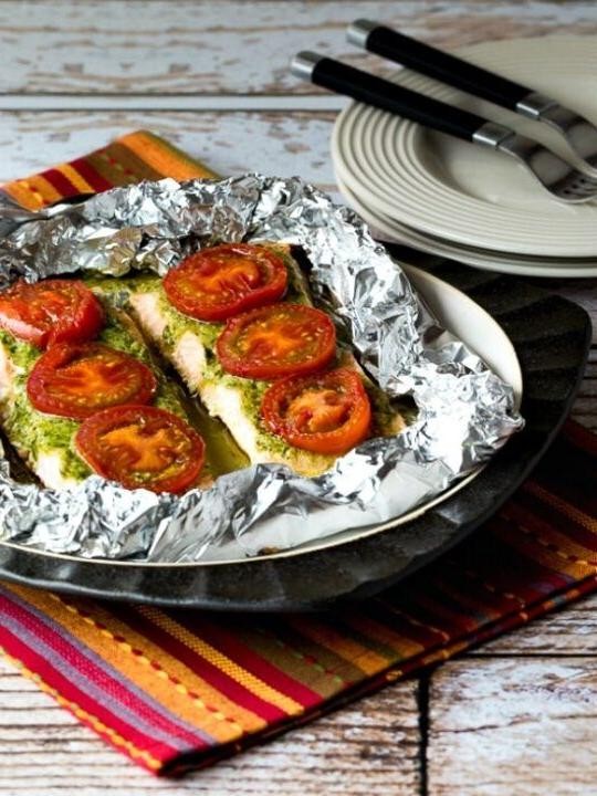 Pesto Crusted Salmon with Tomatoes in Foil