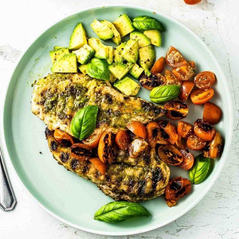 Pesto Grilled Chicken with Tomato Basil Salad