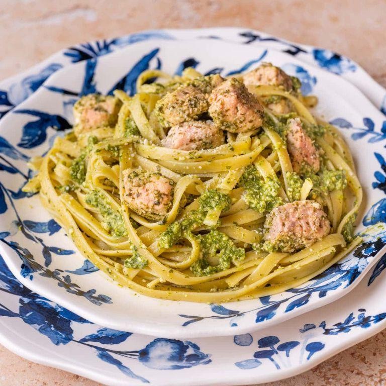 Pesto Salmon with Linguine