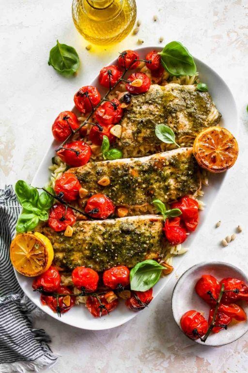 Pesto Salmon with Sun-Dried Tomato Orzo