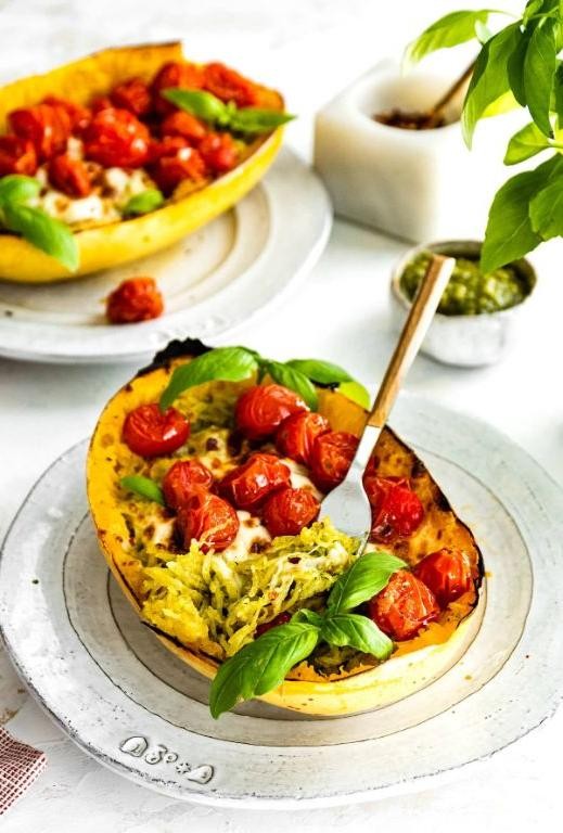 Pesto Spaghetti Squash with Mozzarella and Cherry Tomatoes