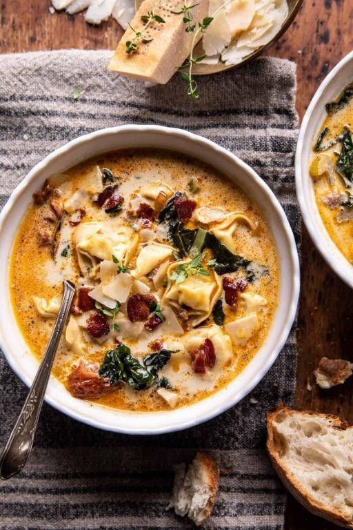 Pesto Tortellini Soup with Spicy Sausage