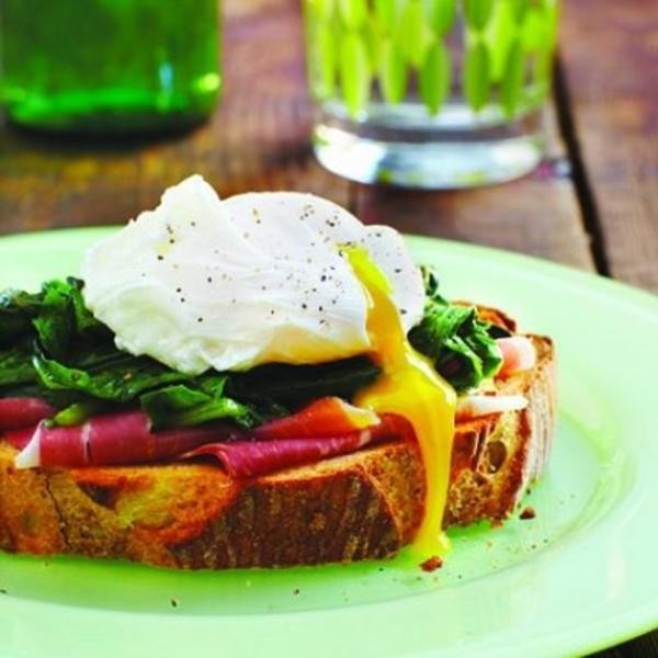 Poached Eggs on Wilted Greens and Toast