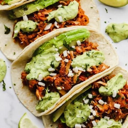 Pulled Jackfruit Tacos with Avocado Cream