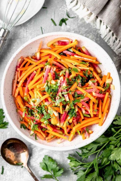 Rainbow Radish and Carrot Slaw with Honey Dressing