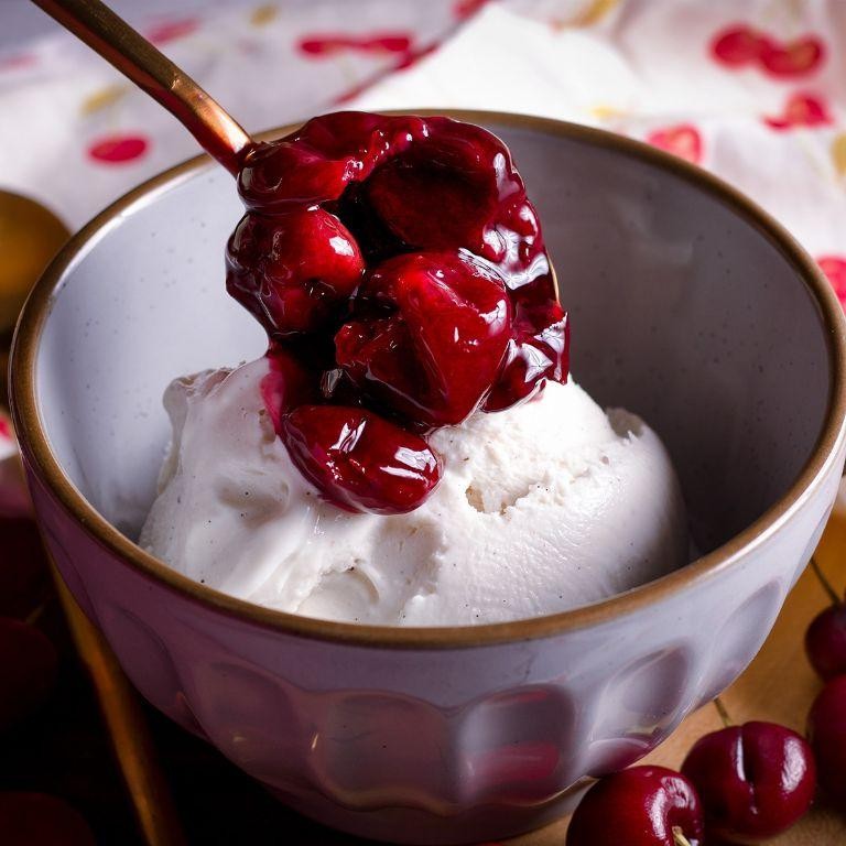 Rainier Cherry Compote with Vanilla Ice Cream
