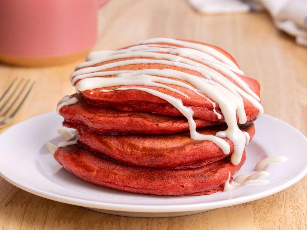 Red Velvet Pancakes with Cream Cheese Glaze