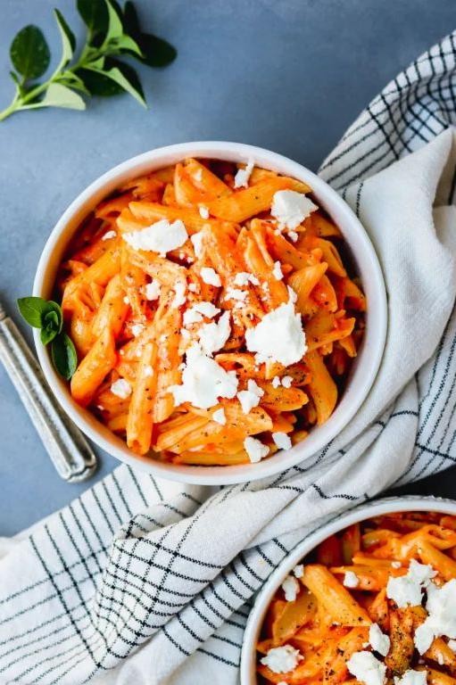 Roasted Red Pepper Calamarata with Goat Cheese