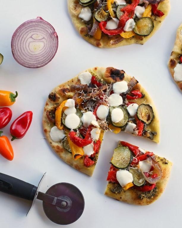 Roasted Vegetable and Pesto Tortilla Pizza