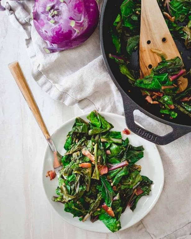 Sautéed Kohlrabi Leaves with Bacon and Onions