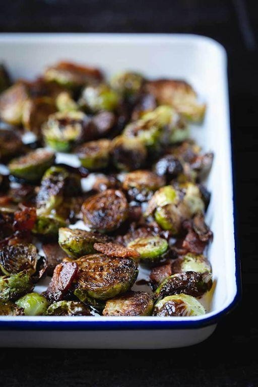 Sauteed Brussel Sprouts with Garlic, Bacon, and Balsamic Glaze