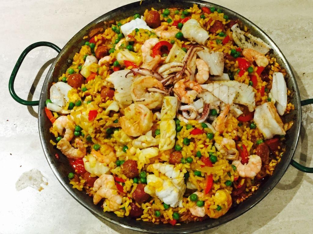 Seafood Paella with Chorizo and Peas