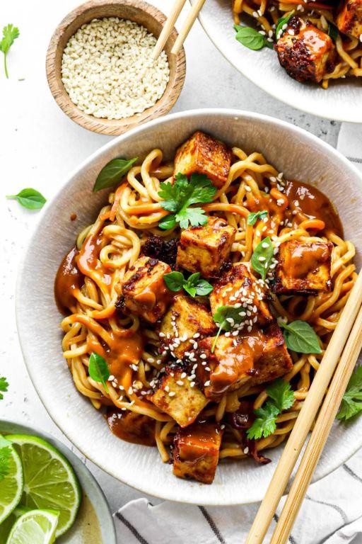 Sesame Rice Noodle Veg Tofu Stir Fry with Peanuts