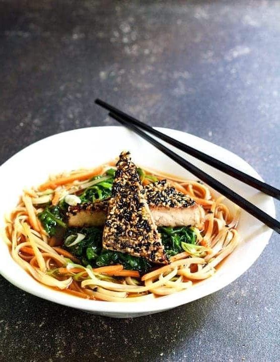 Sesame Soy Grilled Tofu with Rice Noodles