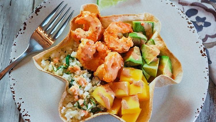 Shrimp and Avocado Tortilla Bowls
