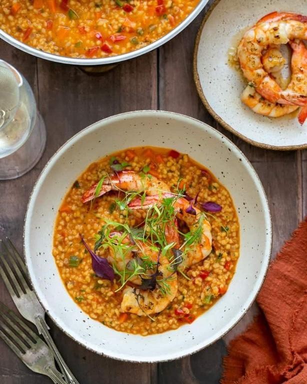 Shrimp and Fregola Pasta in a Garlic White Wine Sauce