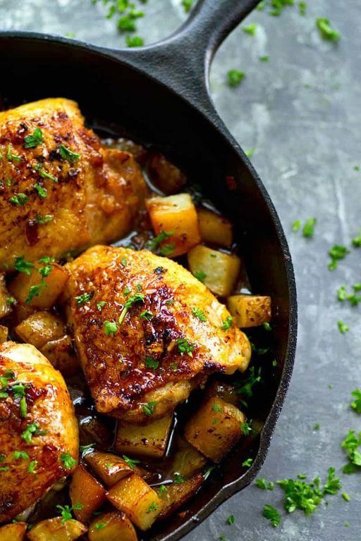 Skillet Chicken Thighs with Crispy Parmesan Potatoes