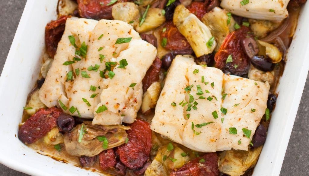 Skillet Cod with Artichoke Hearts and Sun-dried Tomatoes