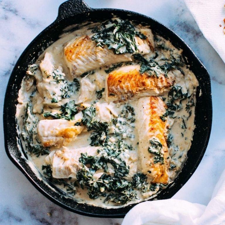 Skillet Cod with Creamy Spinach Sauce