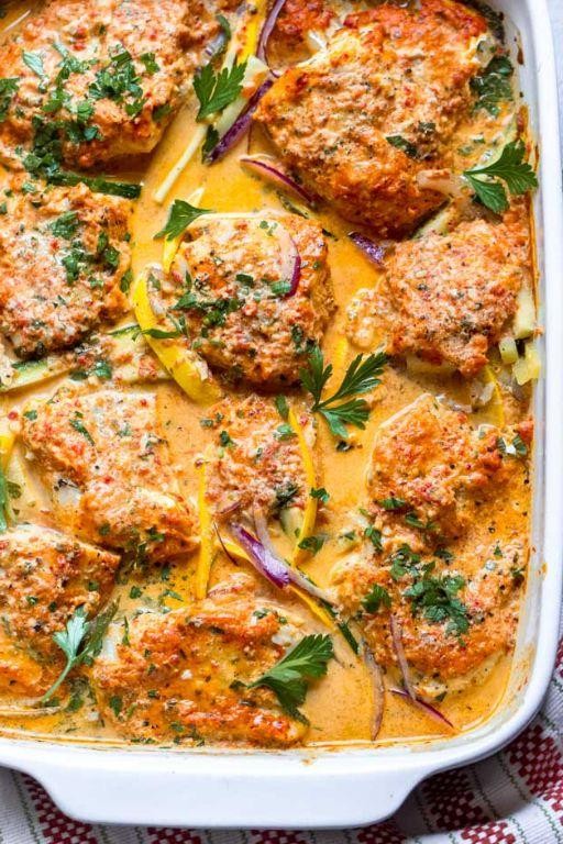 Skillet Cod with Roasted Red Pepper Sauce