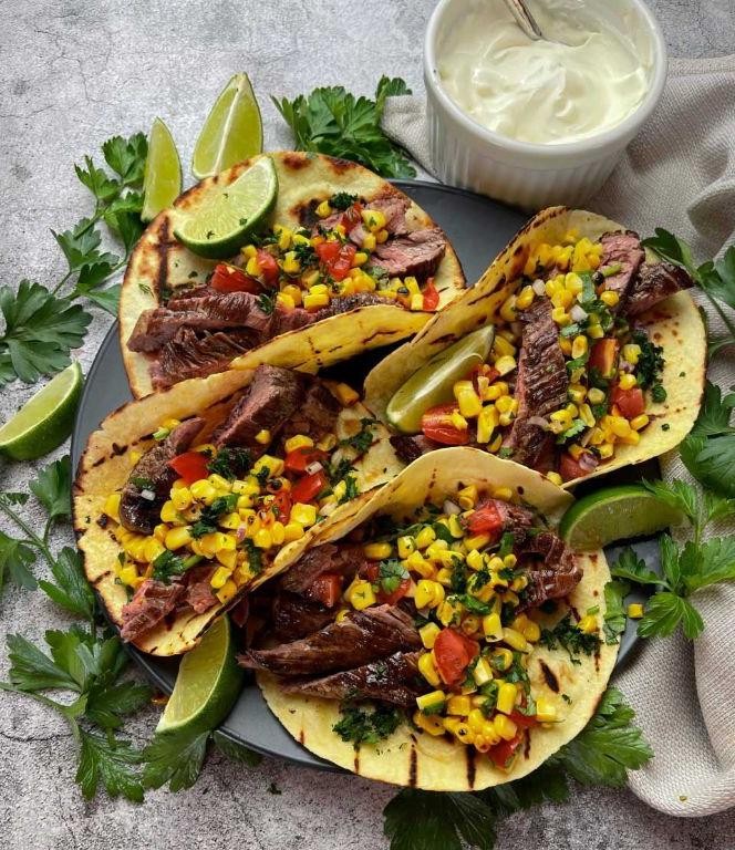 Skirt Steak Tacos with Roasted Tomato and Corn Salsa