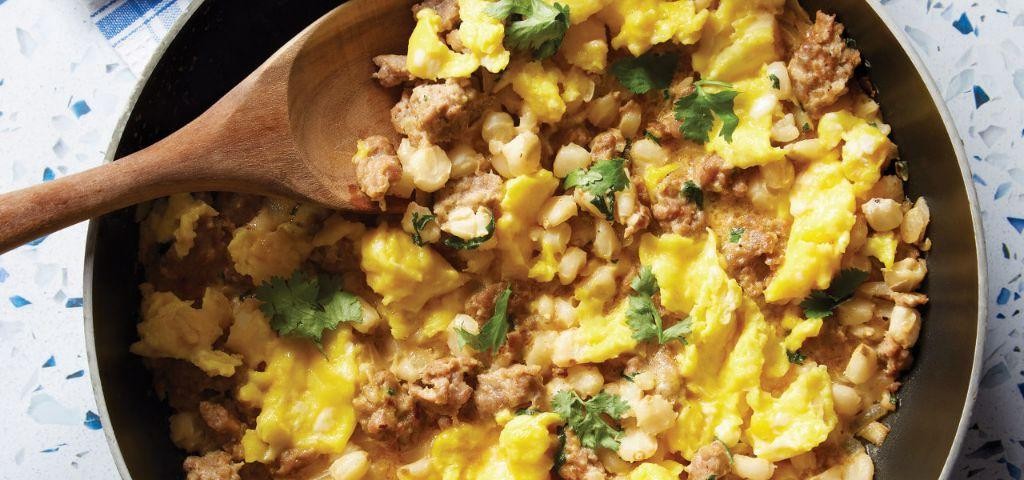 Southwestern Hominy and Sausage Scramble
